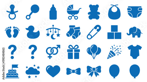 Collection of blue baby shower icons and symbols representing childhood and new life celebration elements
