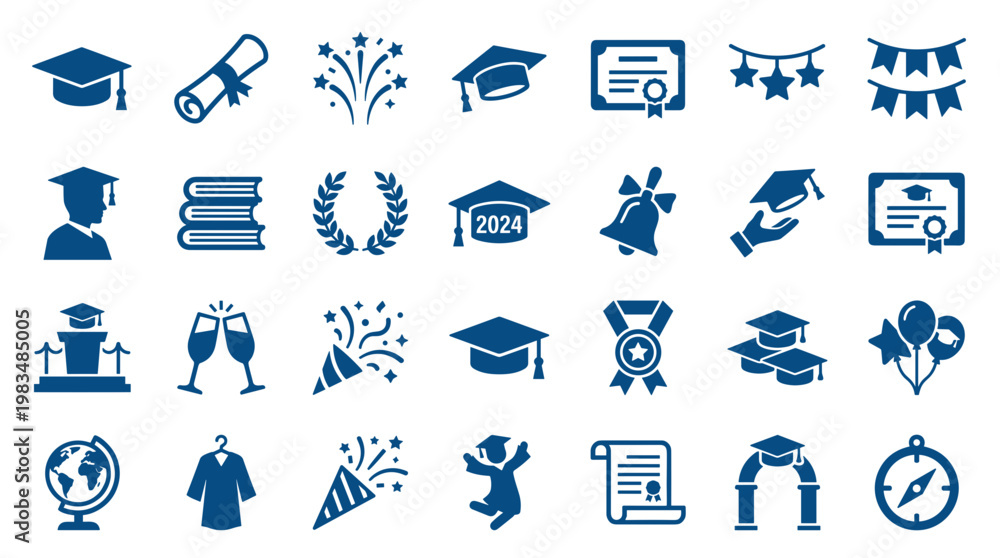 Fototapeta premium Graduation celebration icons set representing academic achievement and future success with symbols of education and commencement