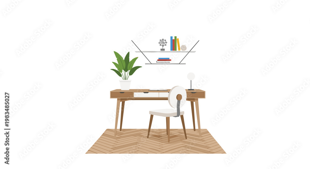 Fototapeta premium Elegant home office workspace illustration showcasing a wooden desk with white drawers and a matching chair set upon a classic herringbone patterned rug.