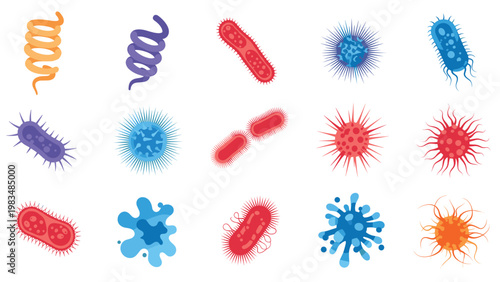 Colorful scientific illustration of various microscopic organisms including different shapes of bacteria, viruses, and germs for medical education.