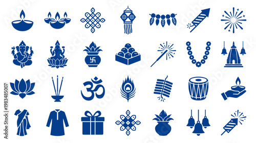 Collection of Indian festival icons and symbols representing Diwali and Hindu culture including diyas rangoli Ganesh and om symbol