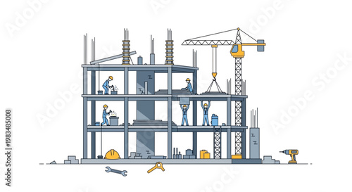 Construction Site Building New Office Structure with Crane and Workers