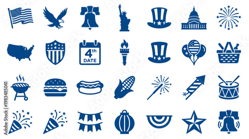Collection of blue American holiday icons representing patriotism celebration and national symbols like the flag eagle and Statue of Liberty for design and decoration