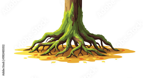 Pristine illustration of a sturdy tree base with symmetrical mossy roots anchored firmly into a golden bed of fallen autumn leaves on a white background.
