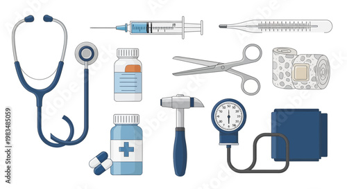 Medical Instruments Set: Stethoscope, Syringe, Thermometer, Pills, Scissors, BP Monitor