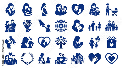 Collection of blue family and love icons representing motherhood parenting and relationships on white background