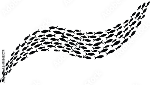 Black silhouette of a large school of fish swimming together in a synchronized wave motion against a plain white background for nature design.