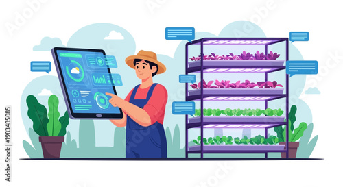 Farmer using tablet for smart vertical farm technology, monitoring crops and data