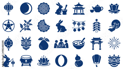 Collection of Traditional Chinese Icons for Mid Autumn Festival Celebration and Cultural Events