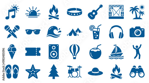Collection of summer vacation and outdoor activity icons representing music, travel, relaxation, and fun, perfect for web design and travel blogs