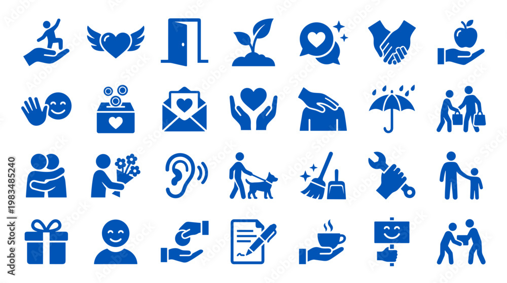 Fototapeta premium Collection of blue icons symbolizing kindness, support, community, and positive human interactions on a white background