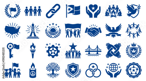 Collection of blue icons representing concepts of unity, community, leadership, and national pride