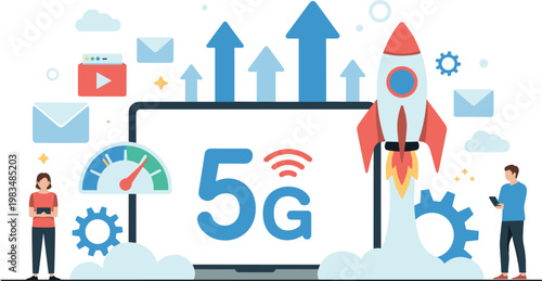High speed 5G network technology concept with rocket launch from laptop screen showing fast connectivity and digital data communication,