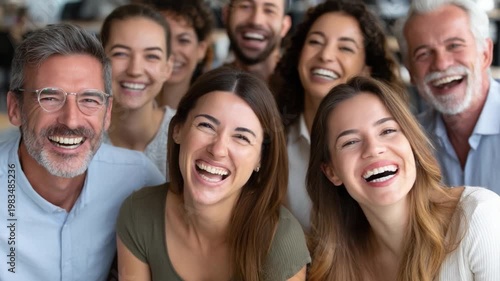 Genuine Laughter: A mosaic of faces radiates unadulterated happiness. A lively assembly of individuals shares infectious mirth, captured in an instant of shared amusement and uninhibited emotion.