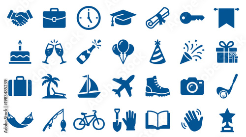Collection of blue icons representing various activities and concepts like business, celebration, travel, hobbies, and lifestyle on a white background