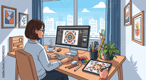 Woman working on digital art design in a bright home office with city view.