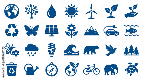 Collection of blue environmental icons representing nature conservation sustainability and eco friendly concepts like recycling solar energy and wildlife protection