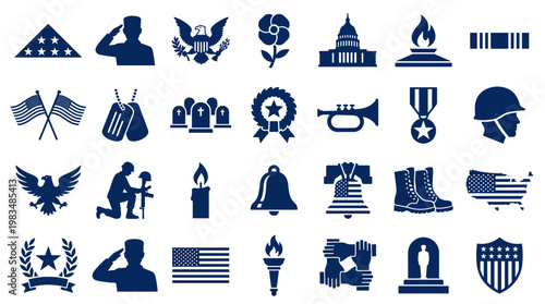 Collection of patriotic American symbols and icons representing military service remembrance and national pride