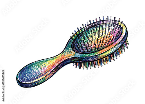 Hairbrush with curved handle and bristle pad forming grooming object used in daily morning routine in expressive vibrant