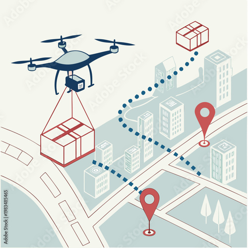 Autonomous drone delivery service illustration showing package transport over city map with gps tracking delivery logistics autonomous transport tracking shipping commerce isometric location