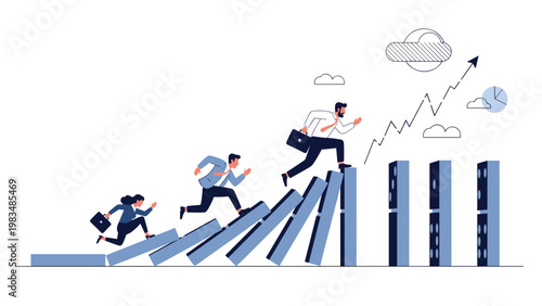 Business professionals running up stairs made of dominoes towards growth graph representing success and career development.