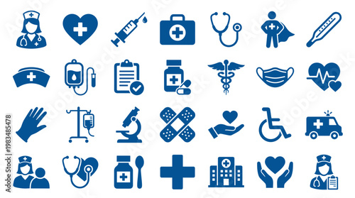 Collection of medical healthcare icons representing healthcare services and medical equipment for hospital and clinic use
