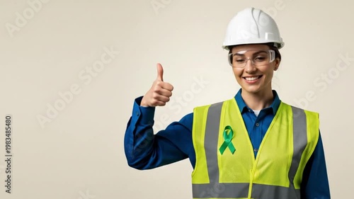 Woman construction worker in safety gear gives thumbs up with green ribbon