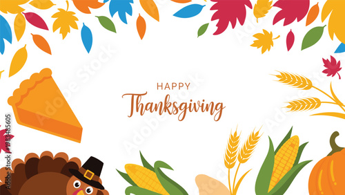 Festive happy thanksgiving greeting card featuring seasonal items like pumpkin pie, turkey, autumn leaves, and corn stalks.