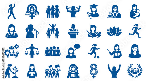 Diverse women icons representing empowerment careers achievements and equality in blue tones on white background