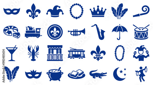 Mardi Gras Icons Collection Blue Silhouette Symbols for Festive Celebration and New Orleans Culture