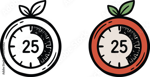 Hand drawn doodle style twenty five minute Pomodoro tomato timer vector illustration representing focus time management, study productivity, and working techniques.