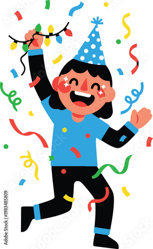 Girl wearing a party hat celebrates a special birthday with decoration.