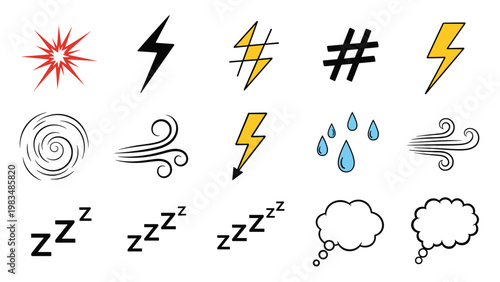 Assorted doodle icons set containing lightning bolts, music notes, hashtags, sleep signs, and speech bubbles for UI design.
