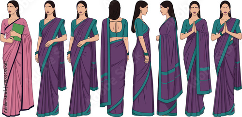 Indian woman wearing purple saree in different poses isolated on white background, elegant female character with traditional ethnic clothing vector illustration