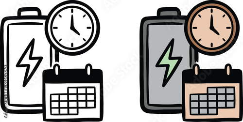 Hand drawn doodle style battery with a clock and calendar vector illustration representing long lasting device energy power, schedule planning, and battery life over time.
