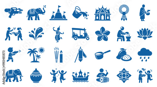 Thai Traditional Culture and Festival Icons Collection Featuring Elephants Water Guns Temples and Dancers for Travel and Celebration Themes