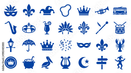 Mardi Gras Icons Collection Festive Symbols for Carnival Celebration and New Orleans Culture
