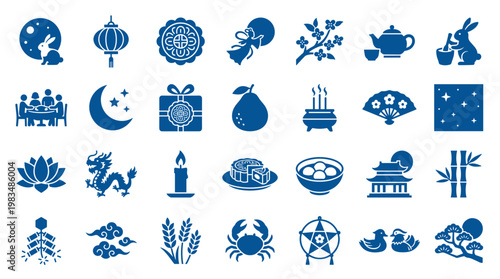 Collection of traditional Chinese cultural icons and symbols for Mid Autumn Festival and Lunar New Year celebrations