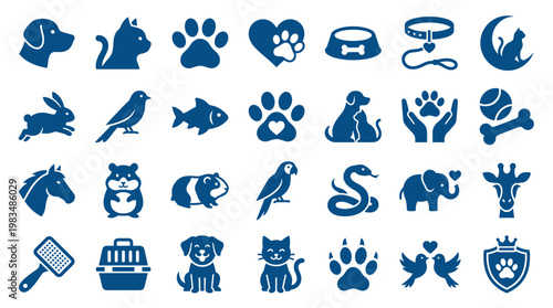 Collection of blue animal icons and symbols representing pets and wildlife, perfect for pet care logos, veterinary services, and animal-themed designs