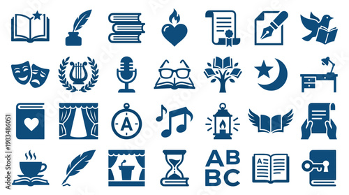 Collection of icons representing literature education arts and knowledge symbols for learning and creativity