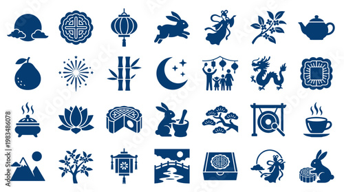 Collection of traditional Chinese cultural icons and symbols for mid autumn festival celebration and oriental design elements