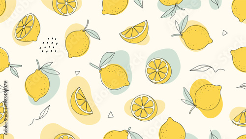 Bright and refreshing seamless pattern featuring whole lemons, slices, and green leaves on a light cream background.