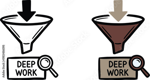 Hand drawn doodle style sales funnel with a deep work magnifying glass vector illustration representing intense focus, concentration filtering, and productivity.
