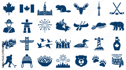 Canadian National Symbols Icons Collection Celebrating Canada Day and National Heritage with Iconic Imagery
