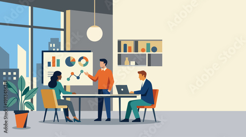 Modern conference or workspace interior scene in functional Bauhaus geometry,  thumbnail readability test, open - conference, workspace, interior, scene, functional, bauhaus, geometry, thumbnail