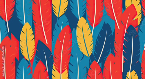Cuadro en lienzo Vibrant, overlapping feathers in red, blue, and yellow create a bold pattern