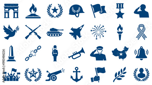Collection of blue military and patriotic symbols including flags tanks soldiers and monuments representing war peace and remembrance