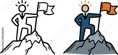 Hand drawn doodle style business person on a mountain peak holding a flag vector illustration representing corporate success, achieving goals, and top leadership.