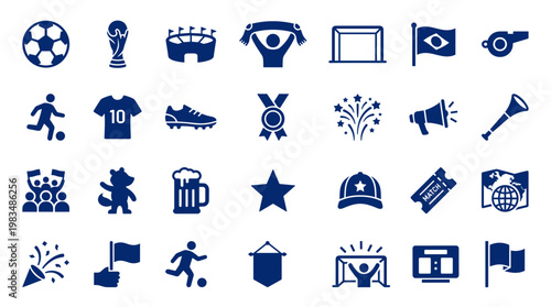 Collection of soccer sport icons and symbols representing the game and fan culture in a clean blue design