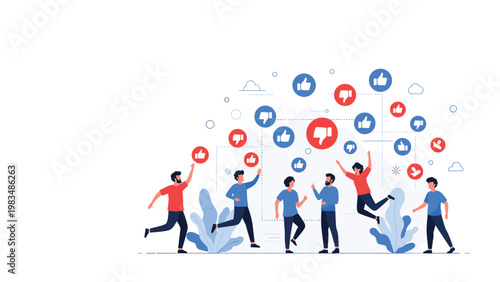 Group of young people running and jumping among floating social media reaction bubbles with like and dislike icons for online engagement.